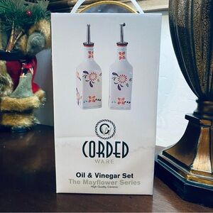 Oil & Vinegar Set - White with Floral Design Ceramic Stainless Rustic NEW